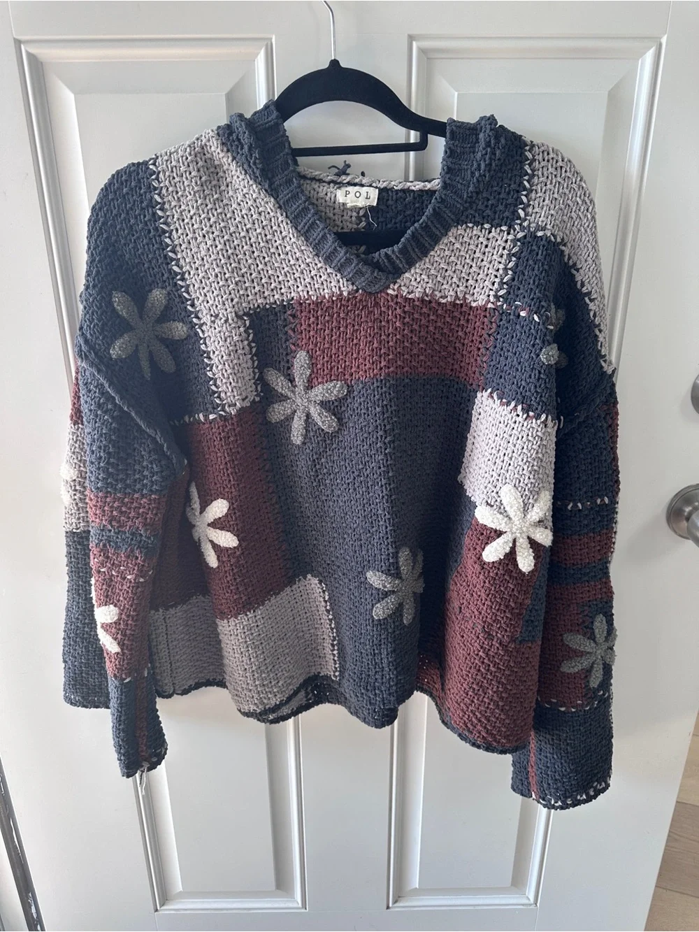 POL V-Neck Patchwork Floral Knit Sweater - Charcoal, Gray & Brown